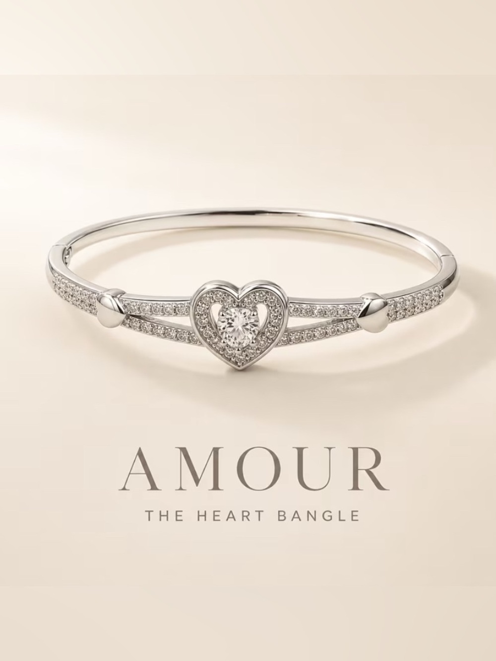 Heart Bangle Bracelet in Silvertone with Crystal Accent